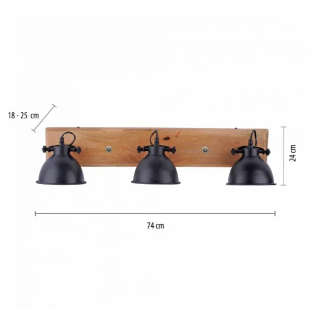 Deckenleuchte, schwarz, 3-flg, Retro-Optik, Vintage Stil, Holzbalken