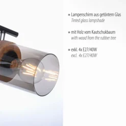 Deckenleuchte, Strahler, Rauchglas, Holz, Robberwood, E27, 4-flammig