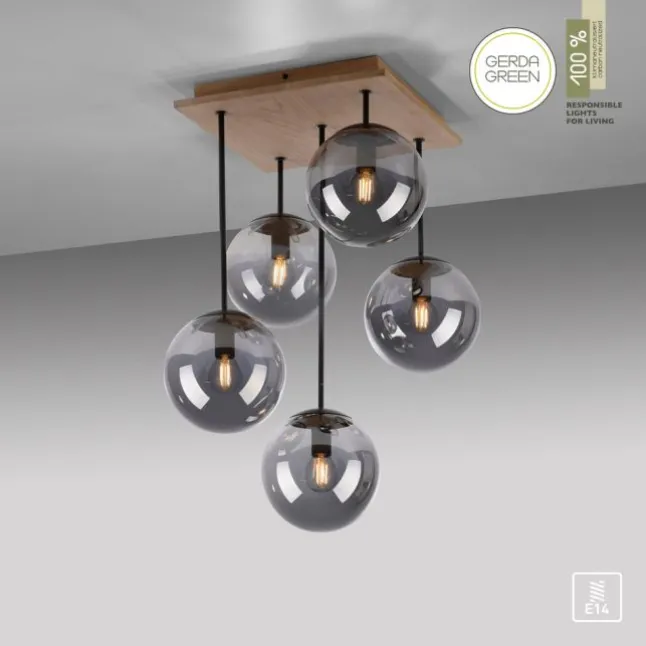 JUST LIGHT LED Deckenleuchte GERDA WIDOW 5-flammig Holz rauchfarben