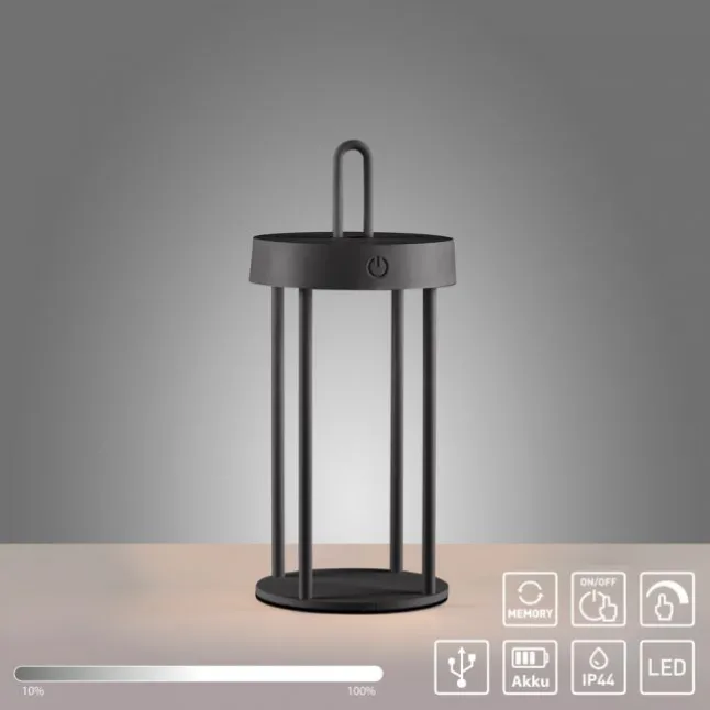 LED Akkulampe Tischleuchte schwarz 28cm Touchdimmer IP44 Gartenleuchte