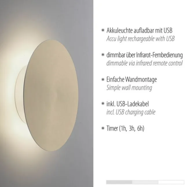 LED Akkuleuchte AKKU 18cm messing matt Timerfunktion USB dimmbar