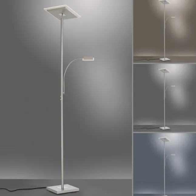 LED Deckenfluter, Leseleuchte, Fernbedienung, dimmbar, stahlfarben