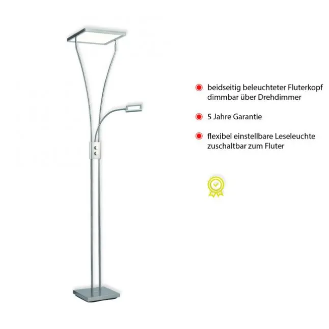 LED Deckenfluter mit Lesearm, modern, dimmbar, Drehdimmer, warmweißes Licht