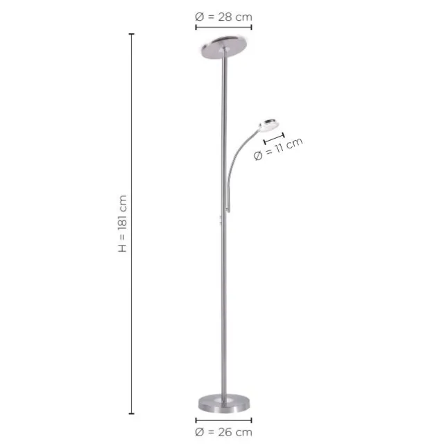 LED-Deckenfluter, stahlfarben, flexibler Lesearm, dimmbar, modern, Büro