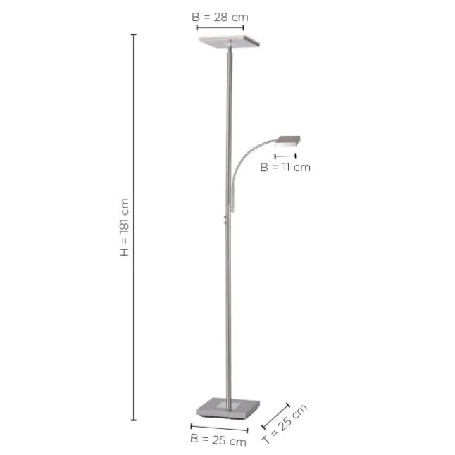 LED-Deckenfluter, stahlfarbig, dimmbar, Touchdimmer, Leselampe
