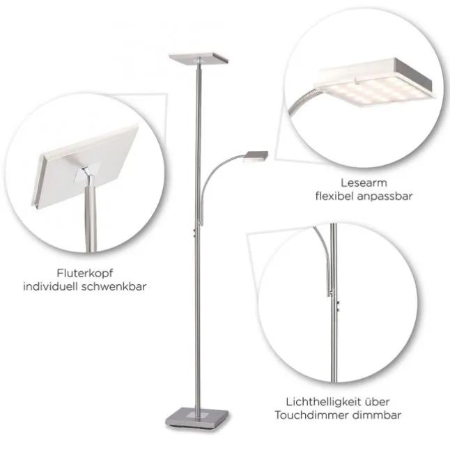 LED-Deckenfluter, stahlfarbig, dimmbar, Touchdimmer, Leselampe