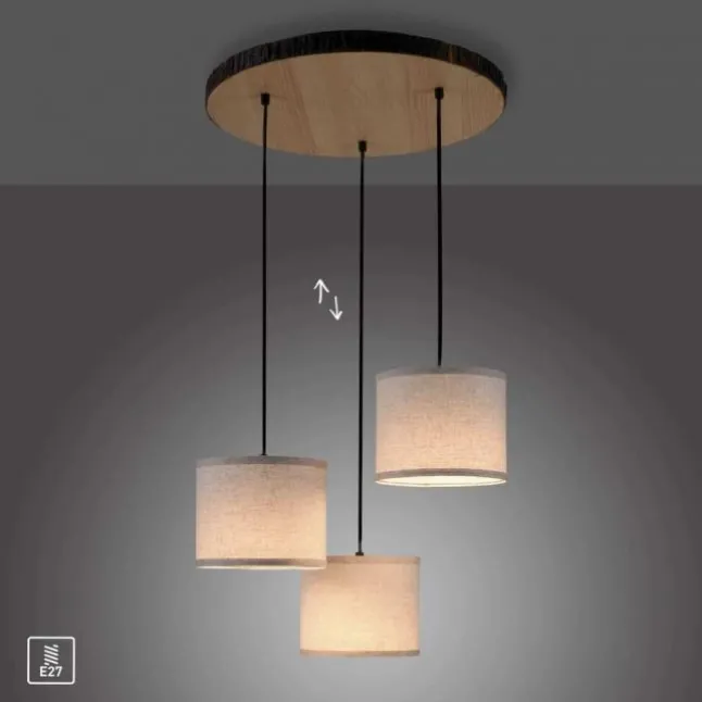 LED-Deckenleuchte, 3-flammig, Holz, Stoffschirme, 3xE27