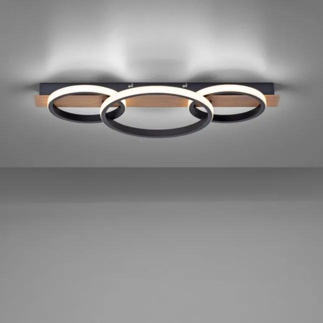 LED Deckenleuchte, Holzdekor, 3 Ringe, schwarz, modern