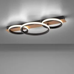 LED Deckenleuchte, Holzdekor, 3 Ringe, schwarz, modern