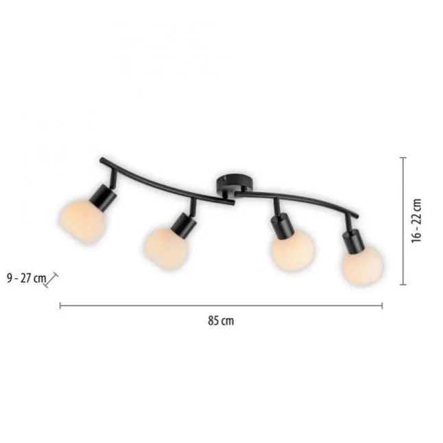 LED Deckenleuchte schwarz 4 flammig schwenkbar Opalglas Spots Schlafzimmer Flur