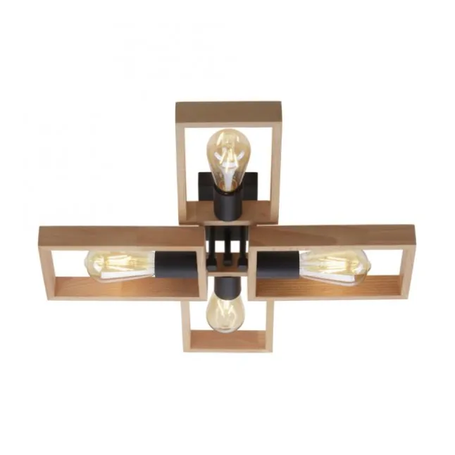 LED Deckenleuchte, schwarz, Holzrahmen, Metall, 4 flammige Deckenlampe