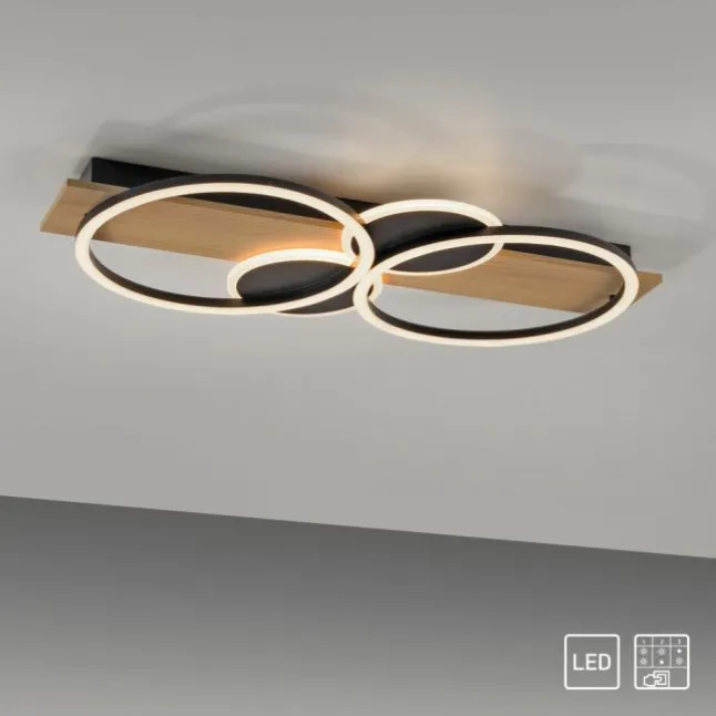 LED Deckenleuchte schwarz mit Holz warmweiß Schlafzimmer Leuchtringe