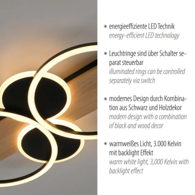 LED Deckenleuchte schwarz mit Holz warmweiß Schlafzimmer Leuchtringe