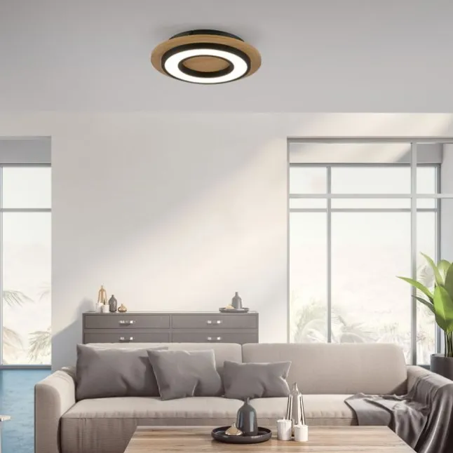LED Deckenleuchte schwarz rund Metall und Holzdekor 3000K warmweiß