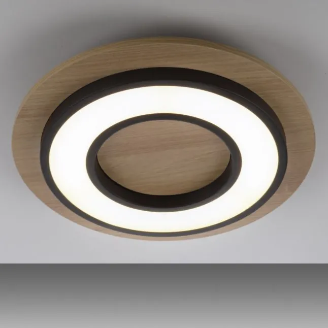 LED Deckenleuchte schwarz rund Metall und Holzdekor 3000K warmweiß