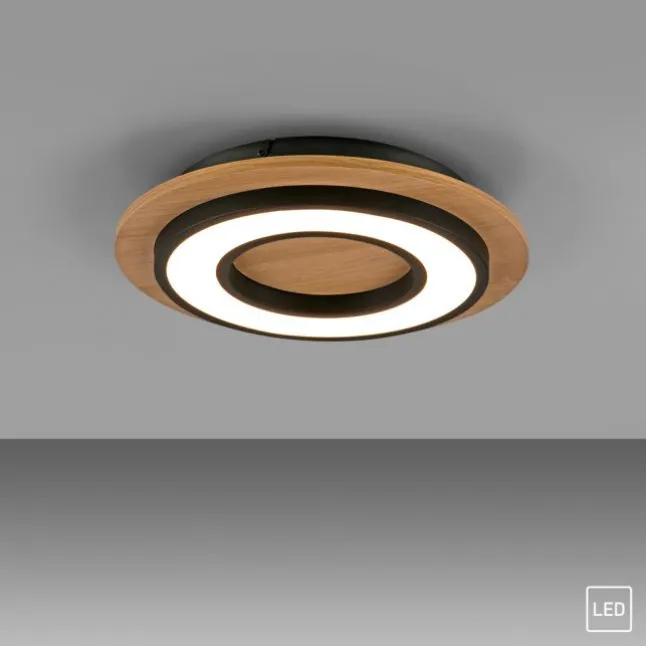 LED Deckenleuchte schwarz rund Metall und Holzdekor 3000K warmweiß