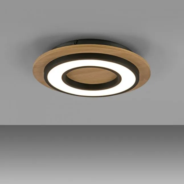 LED Deckenleuchte schwarz rund Metall und Holzdekor 3000K warmweiß