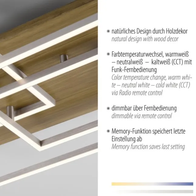 LED-Deckenleuchte, stahlfarben, Holzdekor, 72x40cm, CCT