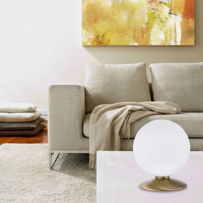 LED-Kugelleuchte, messing-matt, Touchdimmer, blendfrei, Opalglas