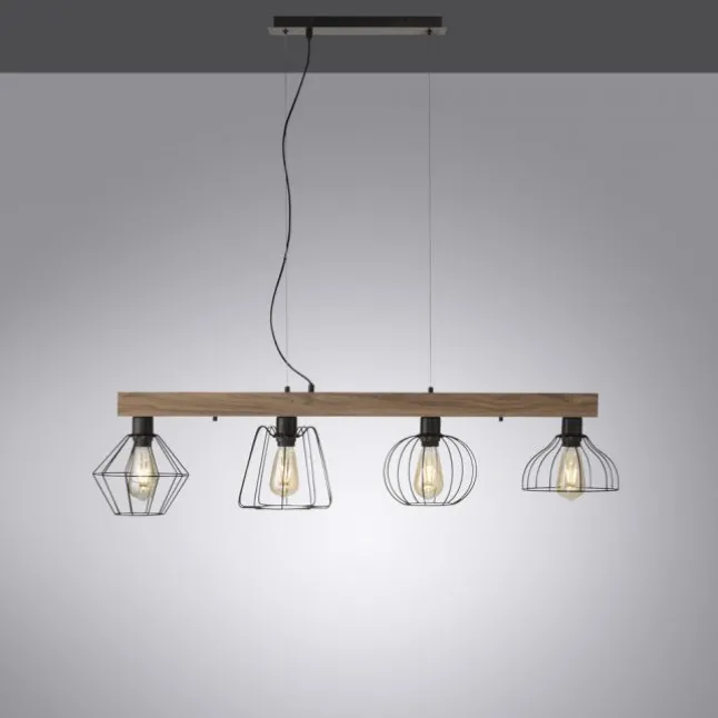 LED Pendellampe höhenverstellbar 4 flammig Holzdekor schwarze Metallschirme