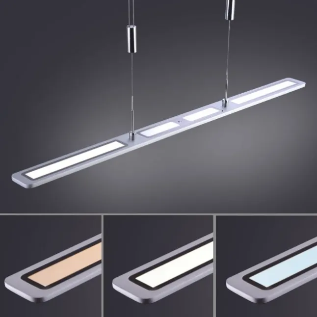LED Pendelleuchte, aluminiumfarben, höhenverstellbar, dimmbar, modern