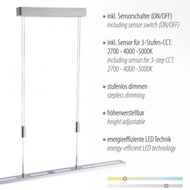 LED Pendelleuchte, aluminiumfarben, höhenverstellbar, dimmbar, modern