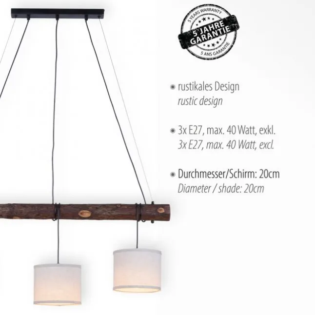 LED-Pendelleuchte, 3-flammig, Holz, 3xE27, Stoffschirme