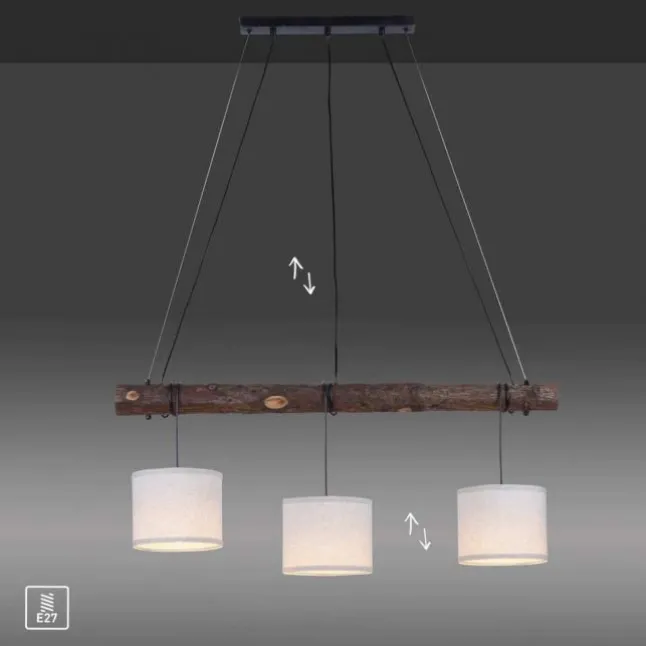 LED-Pendelleuchte, 3-flammig, Holz, 3xE27, Stoffschirme