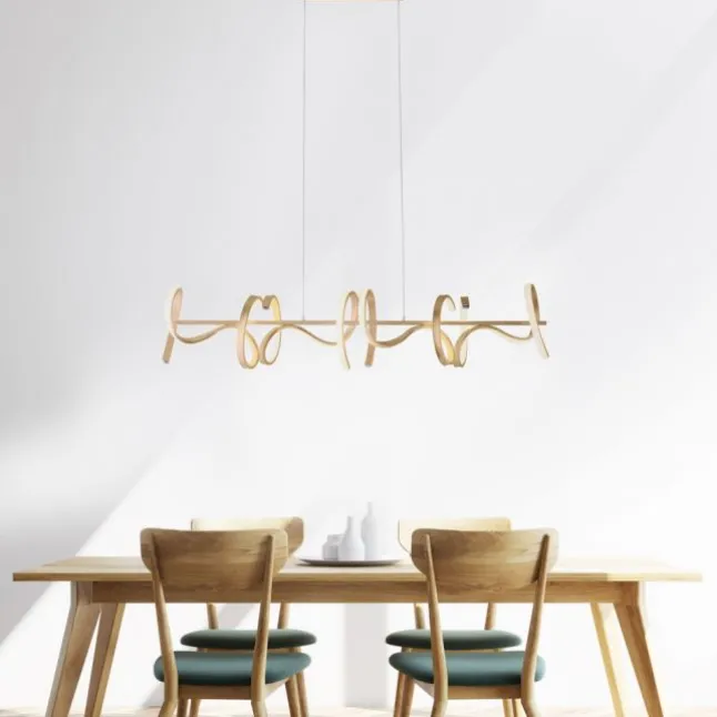 LED-Pendelleuchte in messing-matt mit 4 geschwungenen Leuchtarmen mit Dimmfunktion strahlt warmweiß