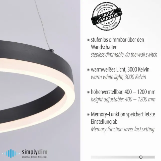 LED Pendelleuchte, rund, anthrazitfarben, Dimmfunktion, Memory Funktion