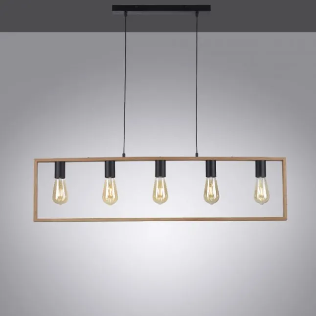 LED Pendelleuchte, schwarz, Esstisch, Holzrahmen, Metall, 5 flammige Pendellampe