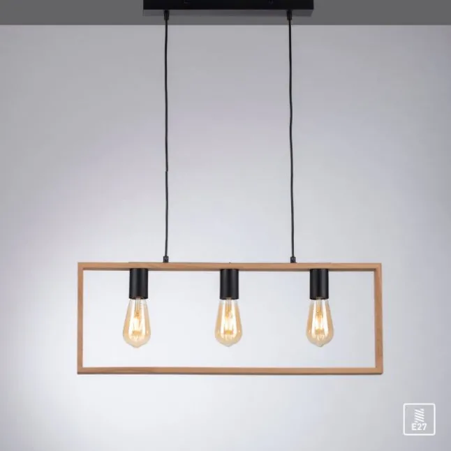 LED Pendelleuchte, schwarz, Holzrahmen, Metall, 3 flammige Pendellampe