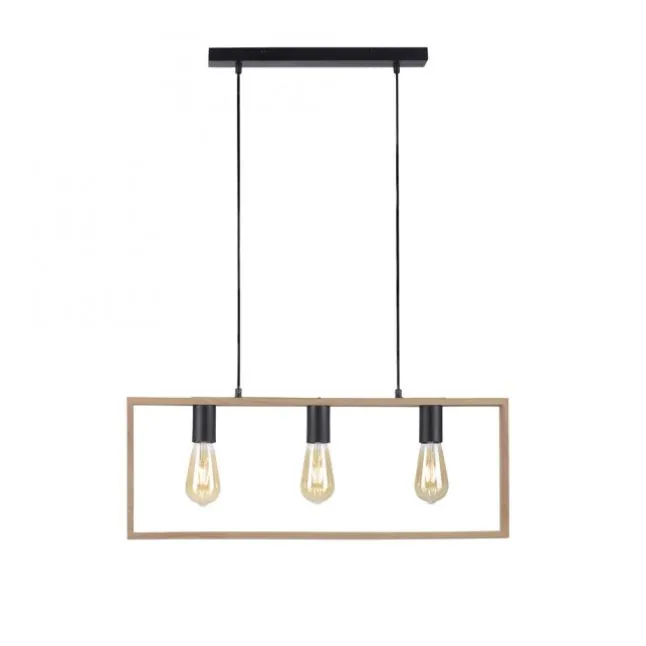 LED Pendelleuchte, schwarz, Holzrahmen, Metall, 3 flammige Pendellampe