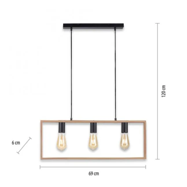 LED Pendelleuchte, schwarz, Holzrahmen, Metall, 3 flammige Pendellampe