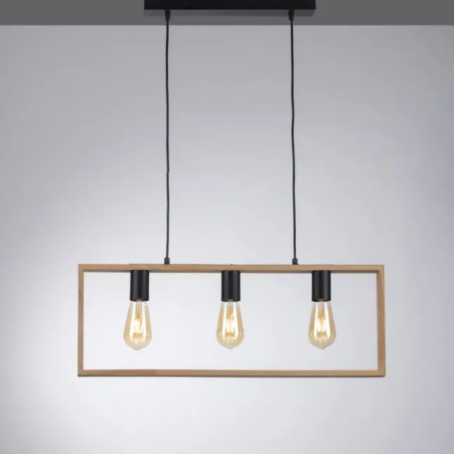 LED Pendelleuchte, schwarz, Holzrahmen, Metall, 3 flammige Pendellampe
