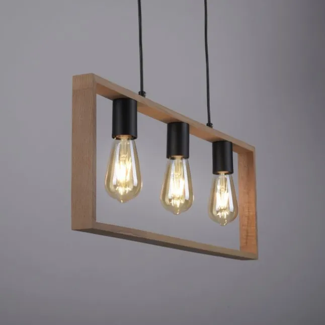 LED Pendelleuchte, schwarz, Holzrahmen, Metall, 3 flammige Pendellampe