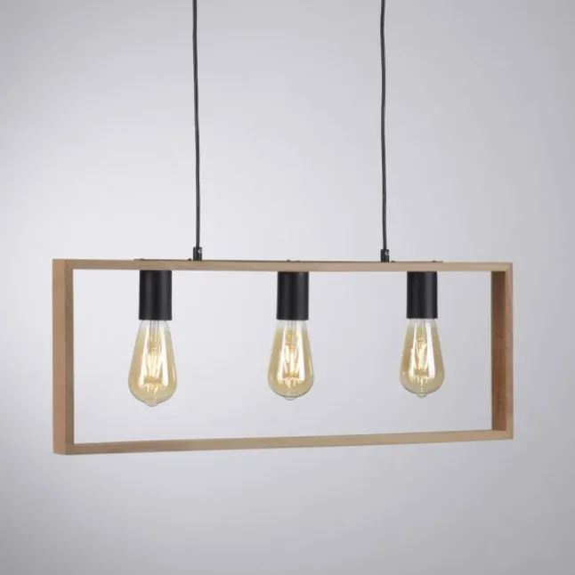 LED Pendelleuchte, schwarz, Holzrahmen, Metall, 3 flammige Pendellampe