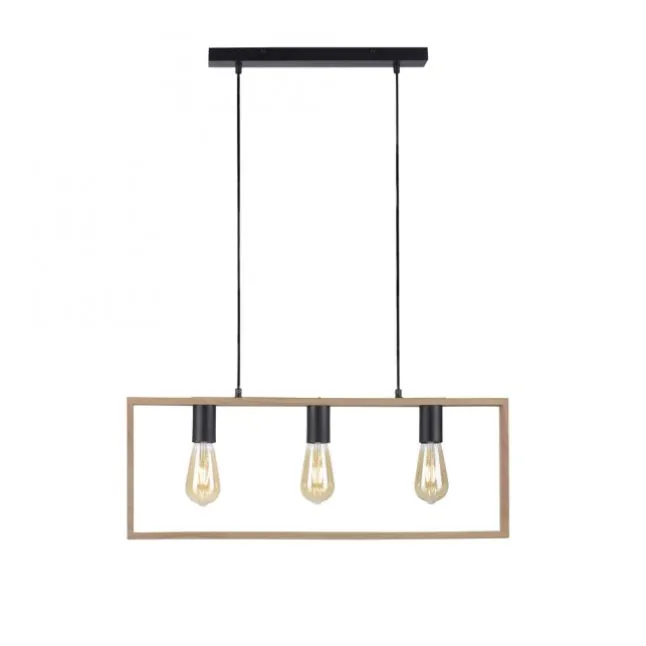 LED Pendelleuchte, schwarz, Holzrahmen, Metall, 3 flammige Pendellampe