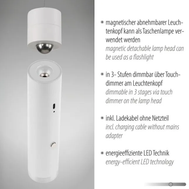 LED Pendelleuchte weiß höhenverstellbar magnetischer Kopf Akku