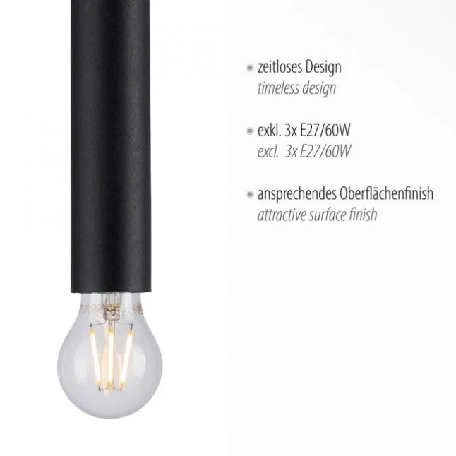 LED Pendelleuchte zeitlos schlicht schwarz Innenleuchte 3 flammige Pendellampe
