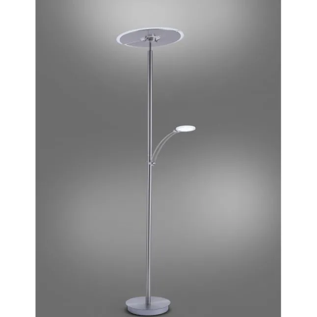 LED-Stehleuchte in stahlfarben mit Lesearm und Lichtfarbsteuerung mit Memory- und Dimmfunktion
