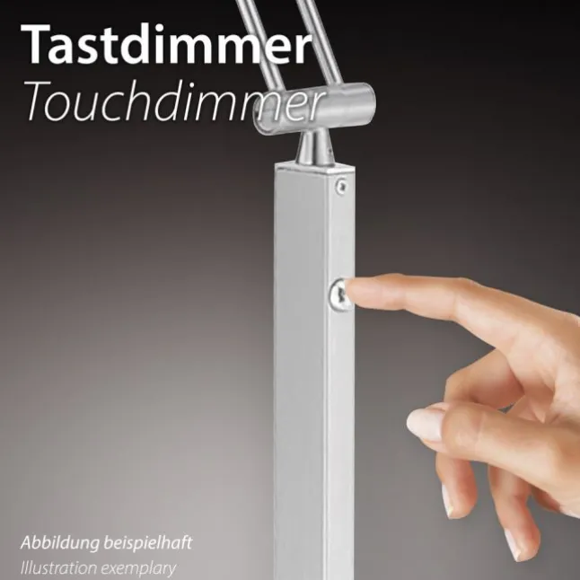 LED-Stehleuchte in stahlfarben mit Lesearm und Lichtfarbsteuerung mit Memory- und Dimmfunktion