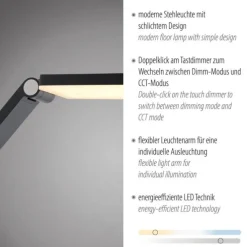 LED Stehleuchte SAMSKY, grau, CCT-Steuerung, Tastdimmer, höhenverstellbar