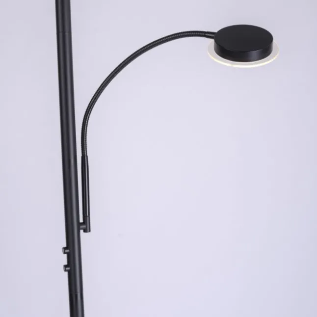 LED-Stehleuchte, schwarz, dimmbar, Touchdimmer, Lesearm, Fluterkopf einstellbar