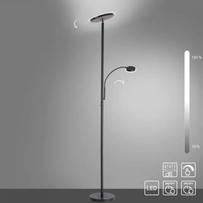 LED-Stehleuchte, schwarz, dimmbar, Touchdimmer, Lesearm, Fluterkopf einstellbar