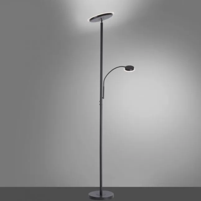LED-Stehleuchte, schwarz, dimmbar, Touchdimmer, Lesearm, Fluterkopf einstellbar