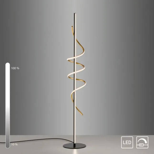 LED Stehleuchte schwarz messing dimmbar per Schnurdimmer geschwungen