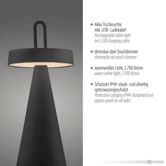 LED Tischleuchte Akku schwarz dimmbar per Touch IP44 Innen-Außen