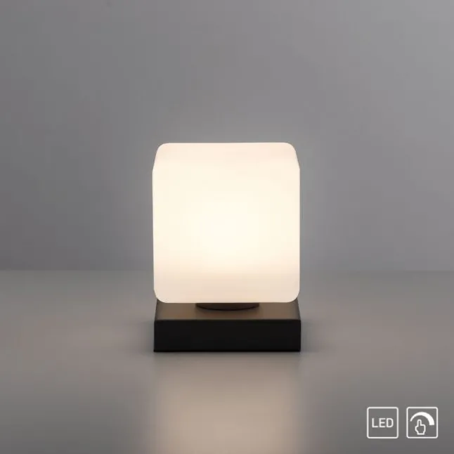 LED Tischleuchte anthrazit farbig Würfelform Touchdimmer zeitloses Design