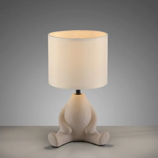 LED Tischleuchte beige Männchen sitzend Stoffschirm mit Schnurschalter